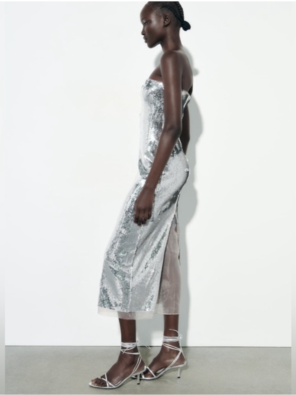 Zara Strapless Silver Metallic Sequin Midi Tube Dress Size Small - Picture 5 of 12